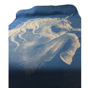 Vintage San Marcos Blanket 64" x 89" Reversible Blue White Unicorn RARE